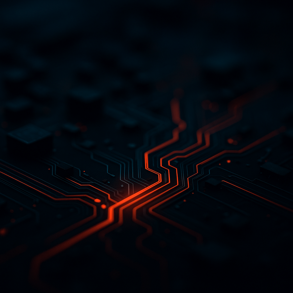 Zbliżenie na płytkę drukowaną PCB z rozświetlonymi czerwonopomarańczowymi ścieżkami na granatowym tle, symbolizująca zaawansowaną technologię i precyzyjne rozwiązania cyfrowe